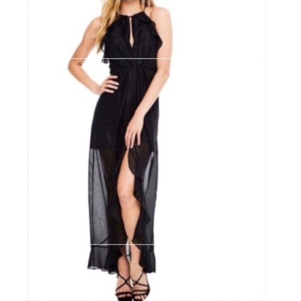 ASTR Black Arielle full length asymmetrical dress shimmer M NWT